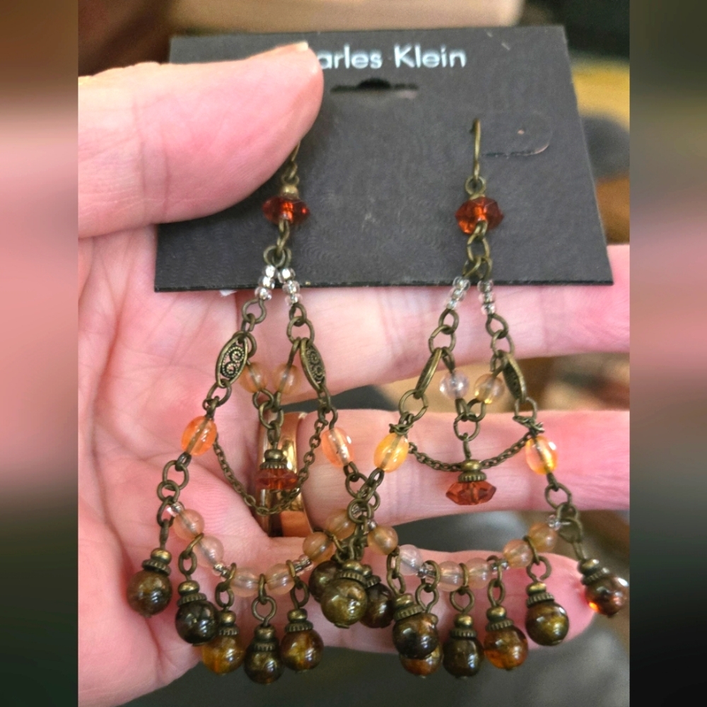 Charles Klein Orange & Gold Beaded Antiqed Chandelier Earrings - Picture 1 of 4